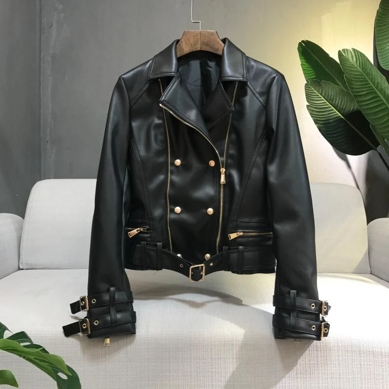 2021 New Fashion Designer Women's Leather Jacket Buttons Double Zippers Motorcycle Biker Faux Coat Spring PY160 | Женская одежда