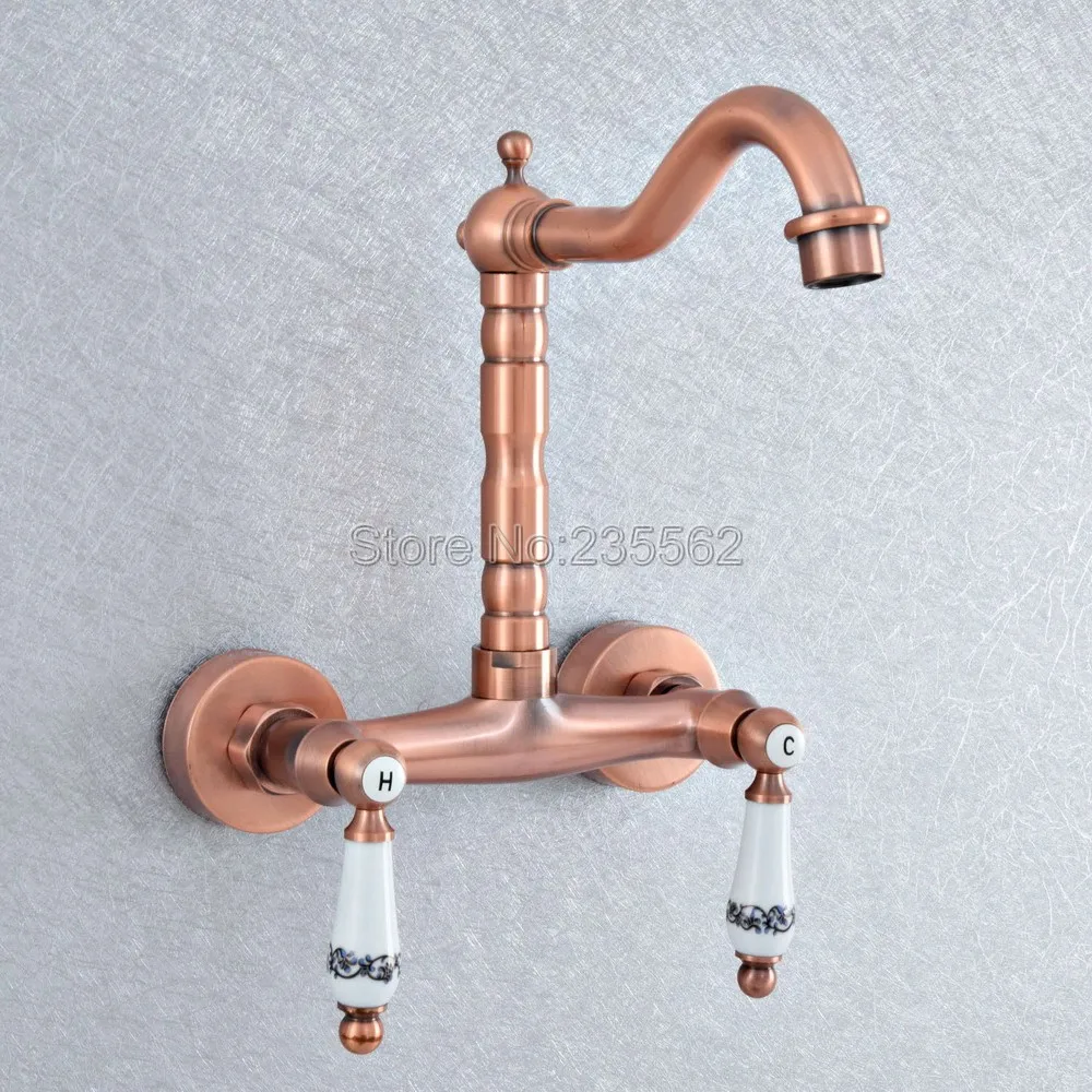 

Antique Red Copper Brass Wall Mounted Bathroom Kitchen Sink Faucet Swivel Spout Mixer Tap Double Ceramic Handles Levers Lsf905