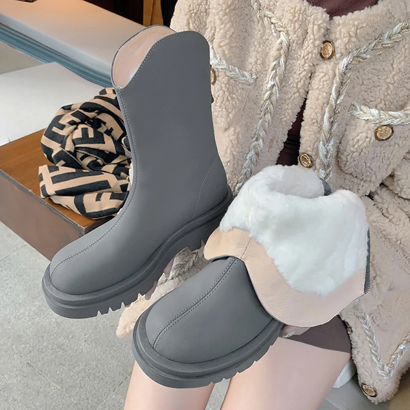 

Winter Keep Warm Women Ankle Boots Working Casual Concise Cow Leather Platforms Round Toe Thick Heels Shoes Woman Chelsea Boots