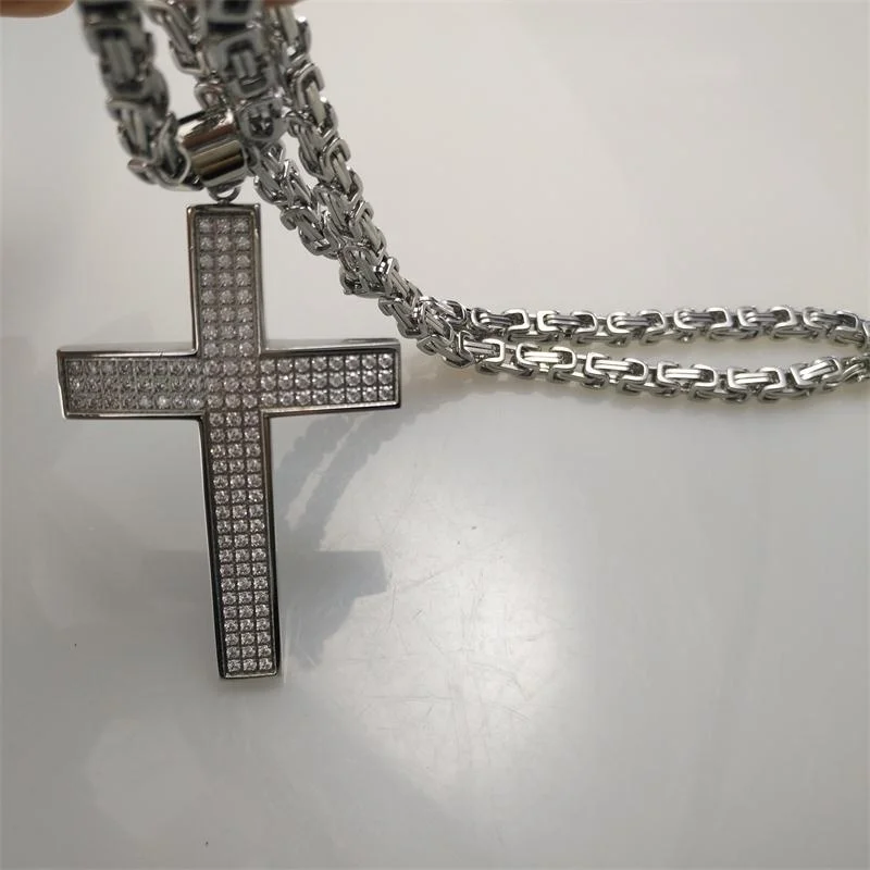 

Mens Stainless Steel Cubic Zirconia Micro Pave Cross Pendant Necklace Silver 22 24 26 28 30inch(5mm chain width)