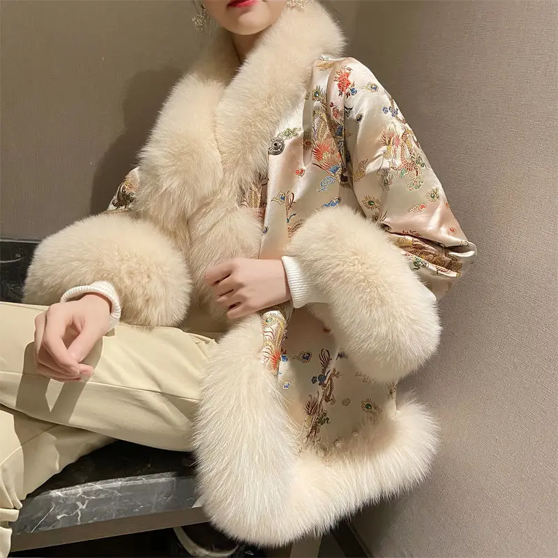 Women New 2021 Winter Warm Faux Fur Parka Jacket Female Fake Fox Fur Collar Embroidery Flowers Coats Lady Elegant Overcoat Y370