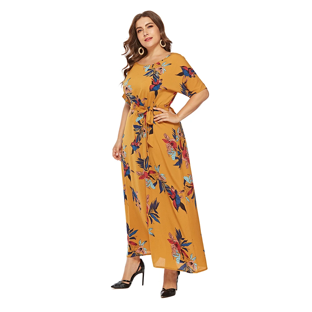 Женское винтажное платье макси с поясом летнее цветочным принтом и коротким