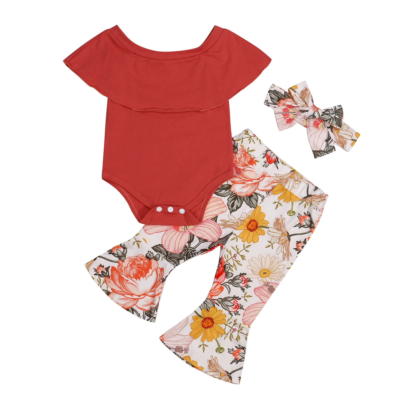 

Baby Girls Three-piece Clothes Set, Boat Neck Short Sleeve Romper, Floral Printed Pattern Flared Pants and Headdress,0-24 Months