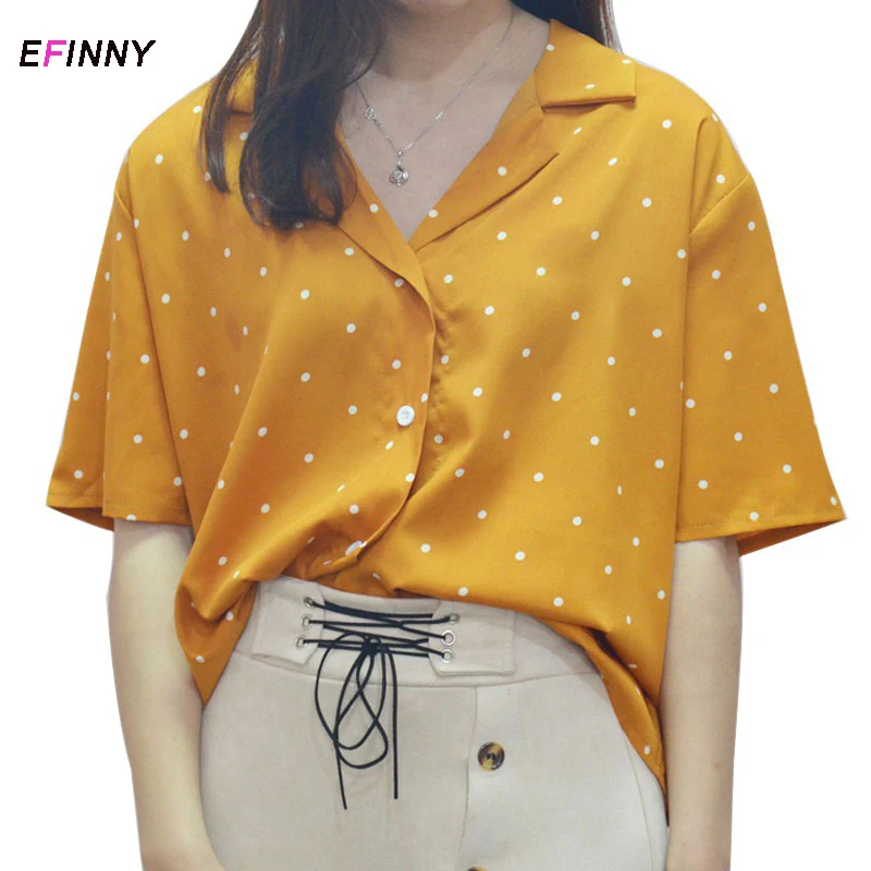 

Women Polka Dot Summer Short Sleeve Chiffon Blouse Turn Down Collar Casual Elegant Blouses 2021 Blouses Femme White Shirt Women