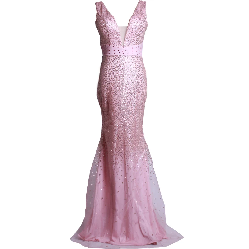 U-SWEAR New Pattern Sexy Deep V Neck Full Dress Pink Sequins Mesh Long Dresses Evening Gowons Women Vestidos - Цвет: pink