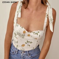 2021 french tie bow strap fresh floral print camis women summer ruched short tank tops retro cool girl sexy slim crop top tees