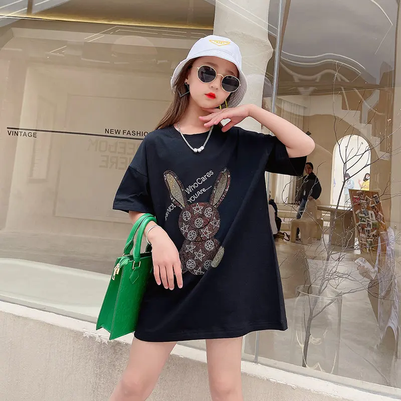 

Teen Girls 5-13Years Summer Tees Fashion Rhinestone Cartoon Pattern High Quality Cotton Casual Style Children Tshirt Top Clothes