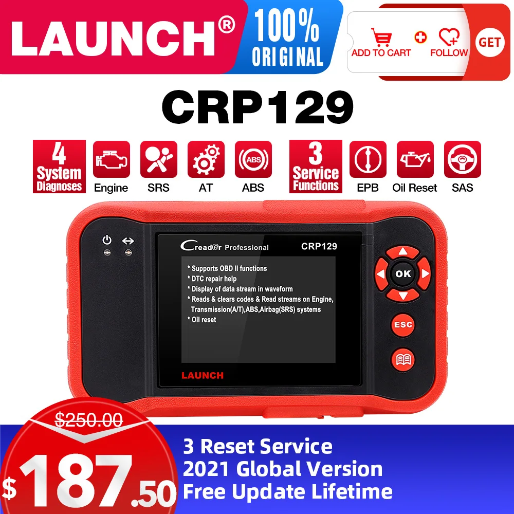 Оригинальный сканер автокодов Launch Creader CRP129 OBDII/EOBD бесплатное обновление онлайн