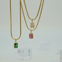 minimalist stainless steel crystal green red square zircon stone pendant necklace snake chain gold cz necklace
