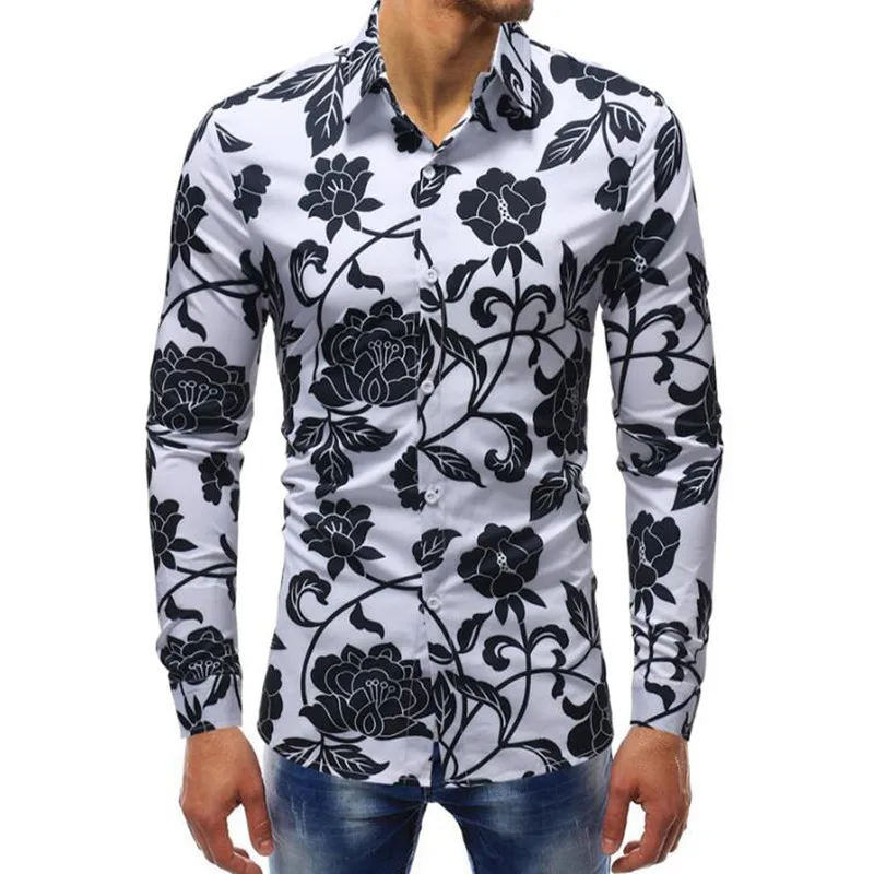 

New 2019 - quality men's printed long-sleeve lapel long-sleeve shirt with large floral design
