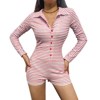 hirigin 2021 women autumn casual striped romper long sleeve lapel neck buttons wrapped short jumpsuit streetwear red