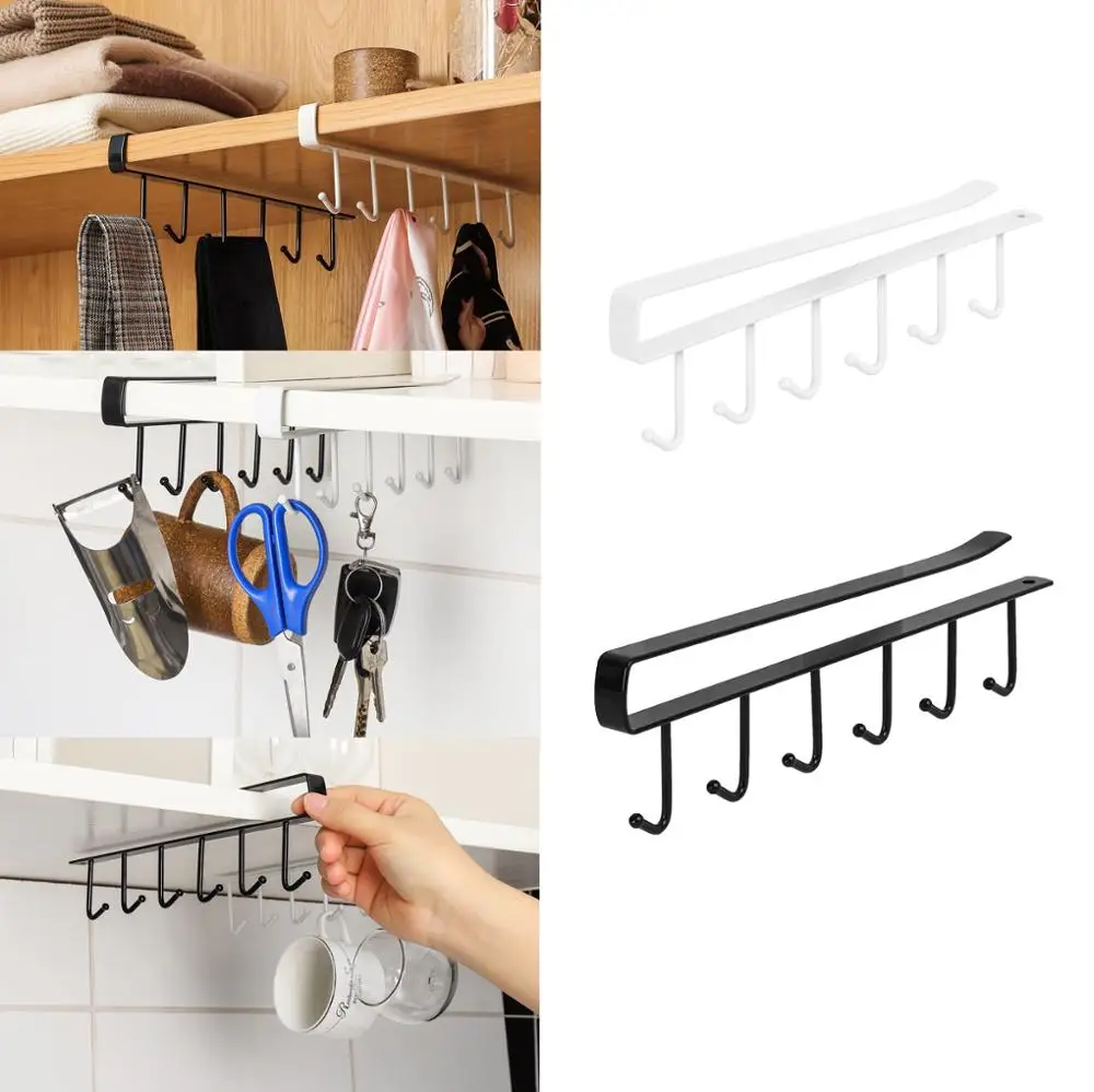 

Practical 6 Hooks Cup Holder Hang Cabinet Under Shelf Organiser Hook Kitchen Cupboard Storage Rack Hanging Hooks