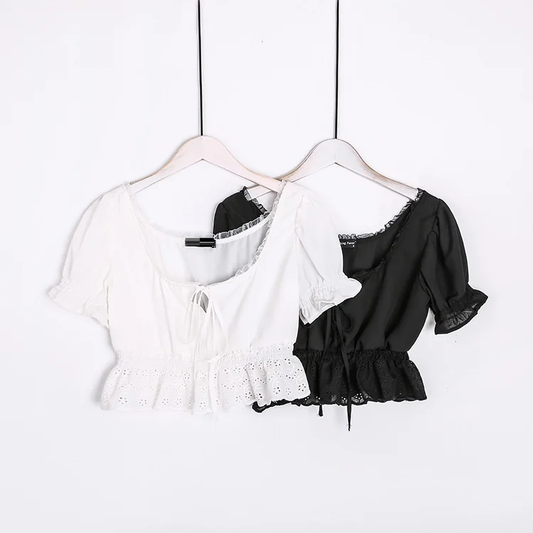 Женский короткий топ с квадратным вырезом шифоновая кружевная блузка коротким