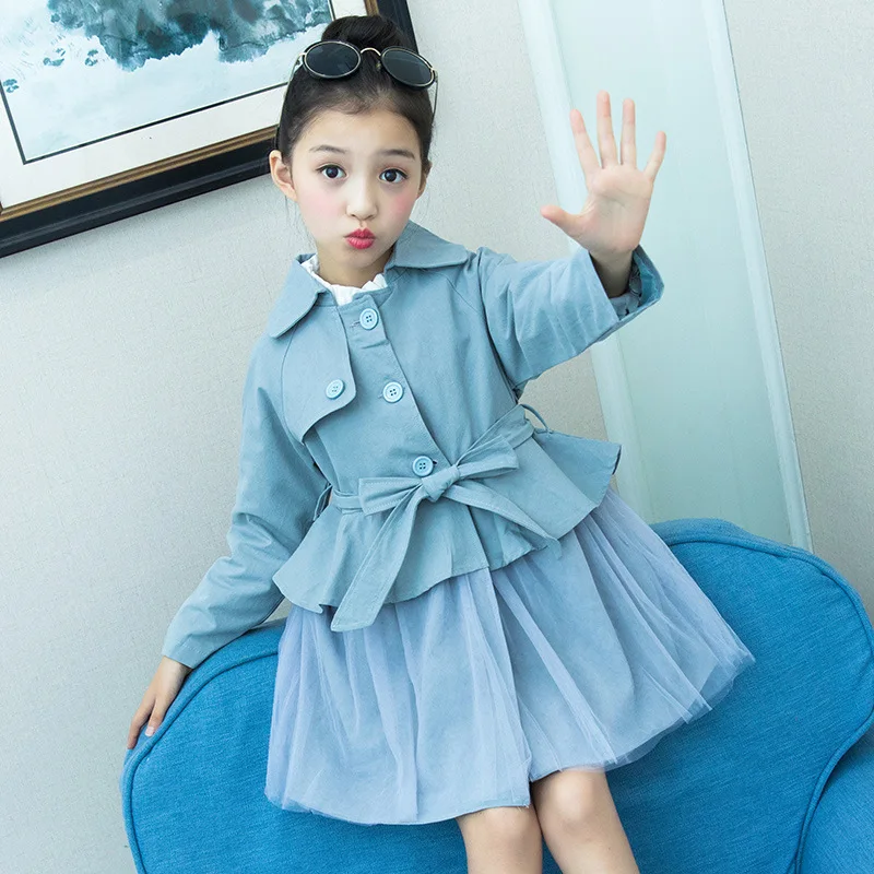 Тренч для девочек весна осень 2019 новый стиль детское пальто средней длины в