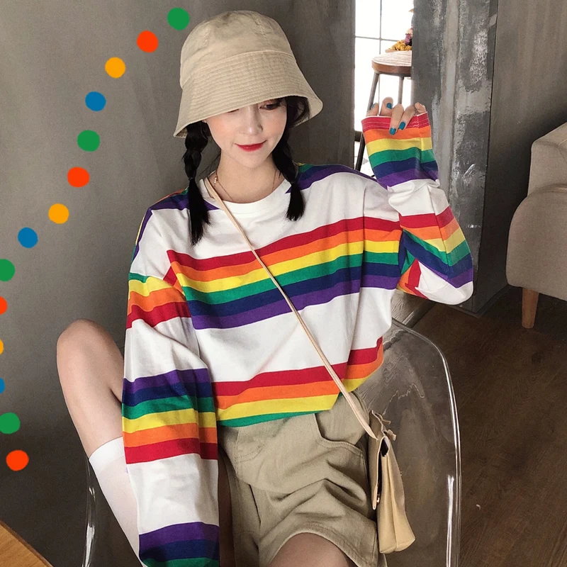 Женская футболка SAutumn Топы в Корейском стиле Ulzzang Harajuku Радужная полосатая футболка для женщин футболка с длинными рукавами женская повседневная одежда - Цвет: see chart