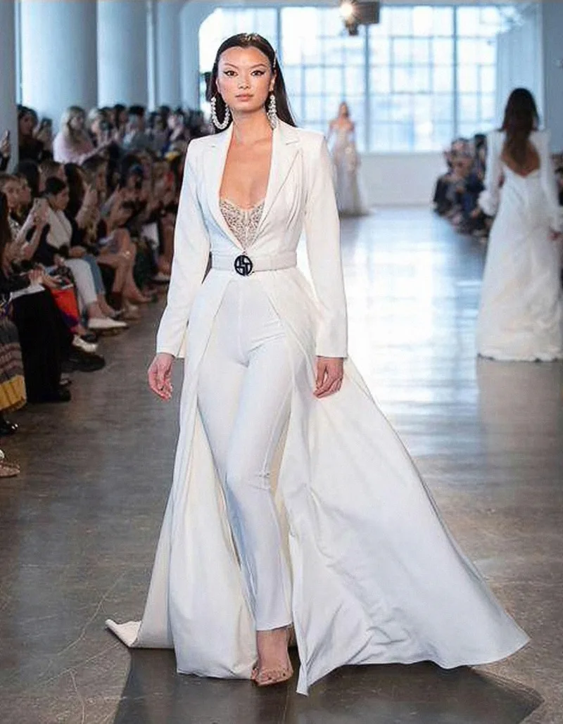 2022 new fashion sexy V-Neck long sleeve evening dress elegant suspender split dress women's clothing White pants jumpsuit images - 6
