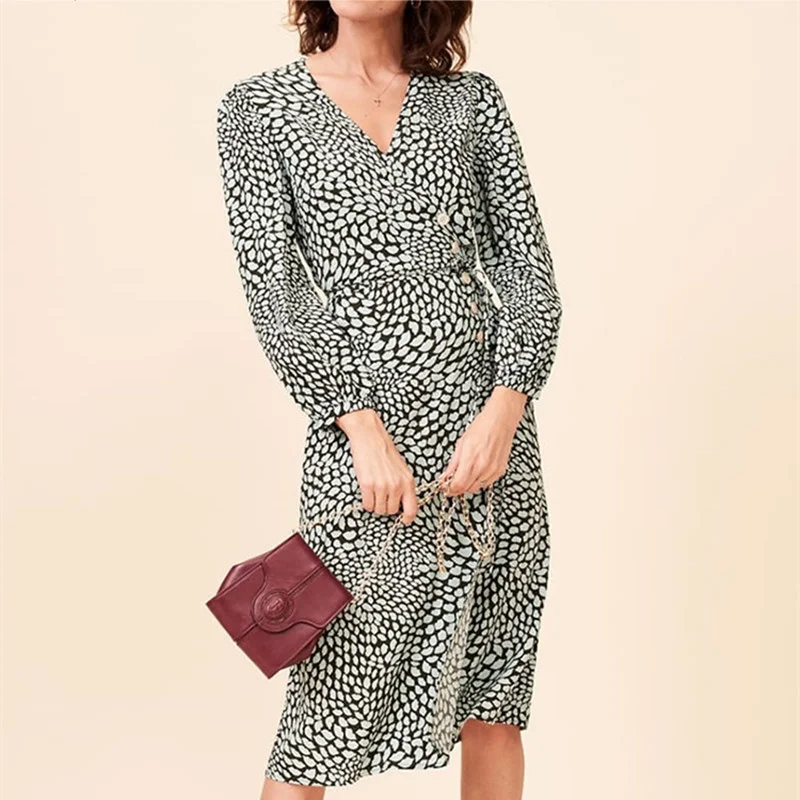 

Women's One-piece Wrap Dress Print V-neck Long Sleeve Side-Buttons Beach Style Dress