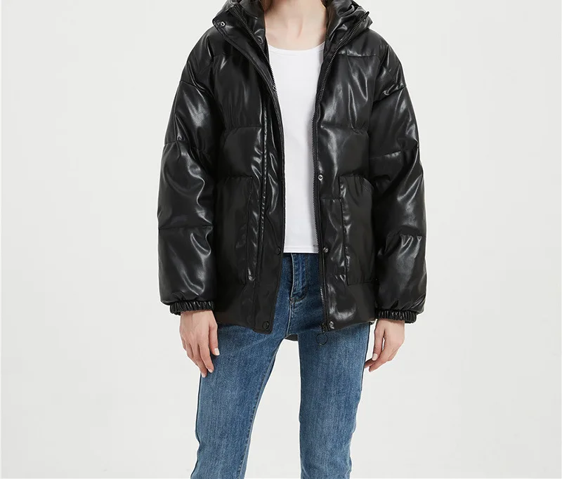 Зимняя женская теплая парка из искусственной кожи с капюшоном повседневная