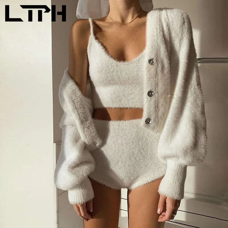 

LTPH stayhome style sweet white mohair camisole top lazy loose outerwear women 3 Pieces Set Casual Short Outfits 2021 autumn New