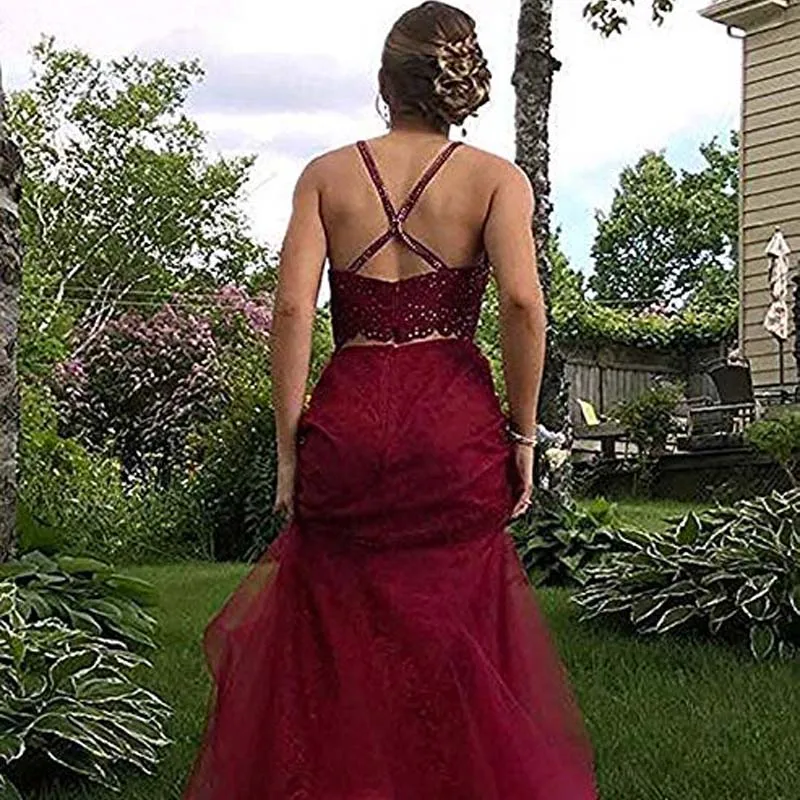 

Burgundy Lace Two Piece Mermaid Evening Gown Dresses Backless Sleeveless Simple Party Dress Robe De Soiree Formal Gowns