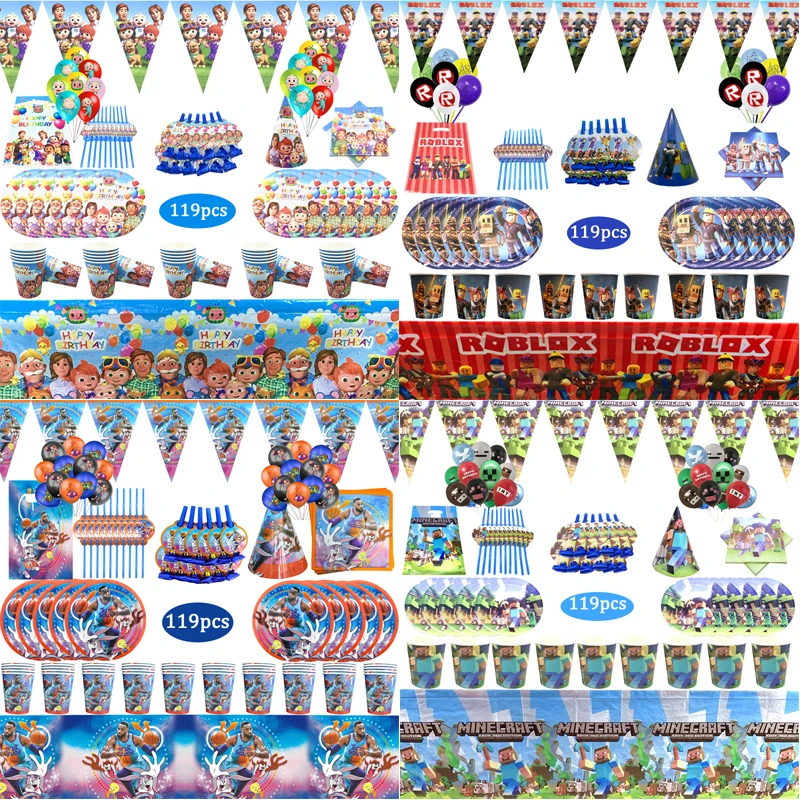 

119Pcs Cartoon Mining Pixel Game Birthday Party Supplies Cup Plate Kids Boy Birthday Party Decoration Disposable Tableware Set