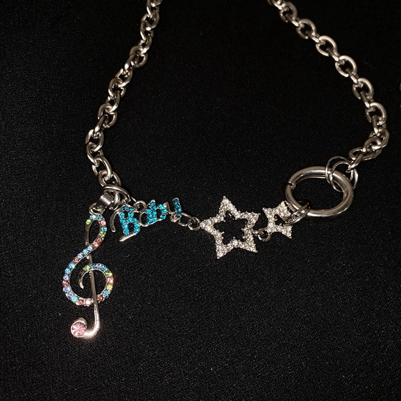 

MENGJIQIAO Fashion Punk Star Rhinestone Necklaces Choker For Women Girls Metal Silver Color Note Pendant Chain Party Jewelry