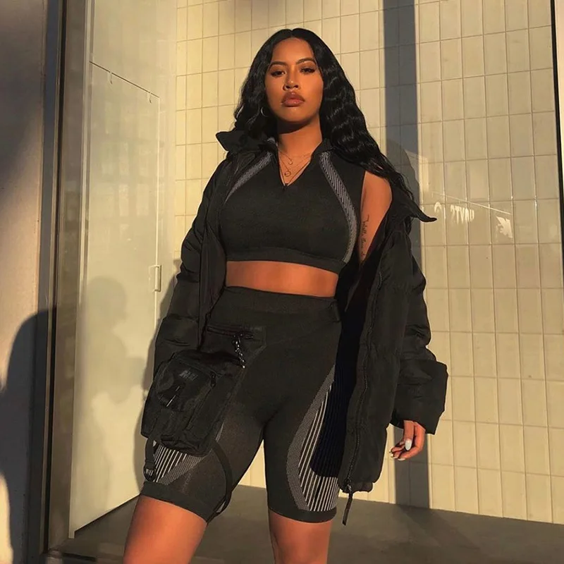 Женский бесшовный спортивный костюм для йоги комплект из 2 предметов на молнии