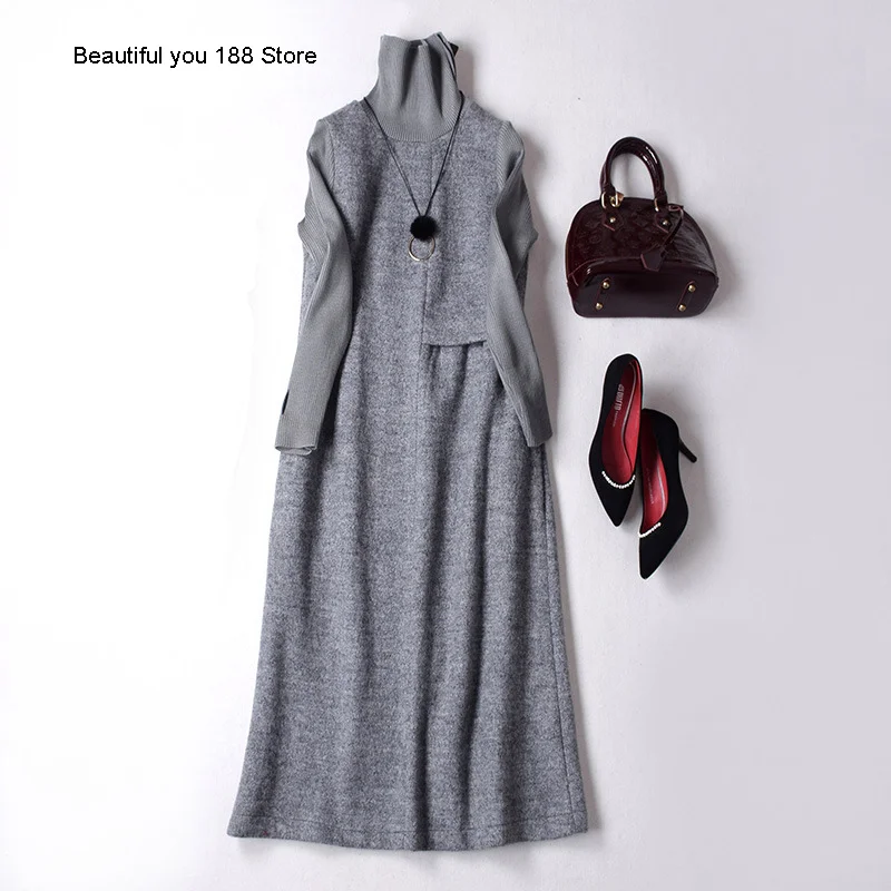 

High-end H-shaped mid-length long sleeve pullover high waist knitted dress