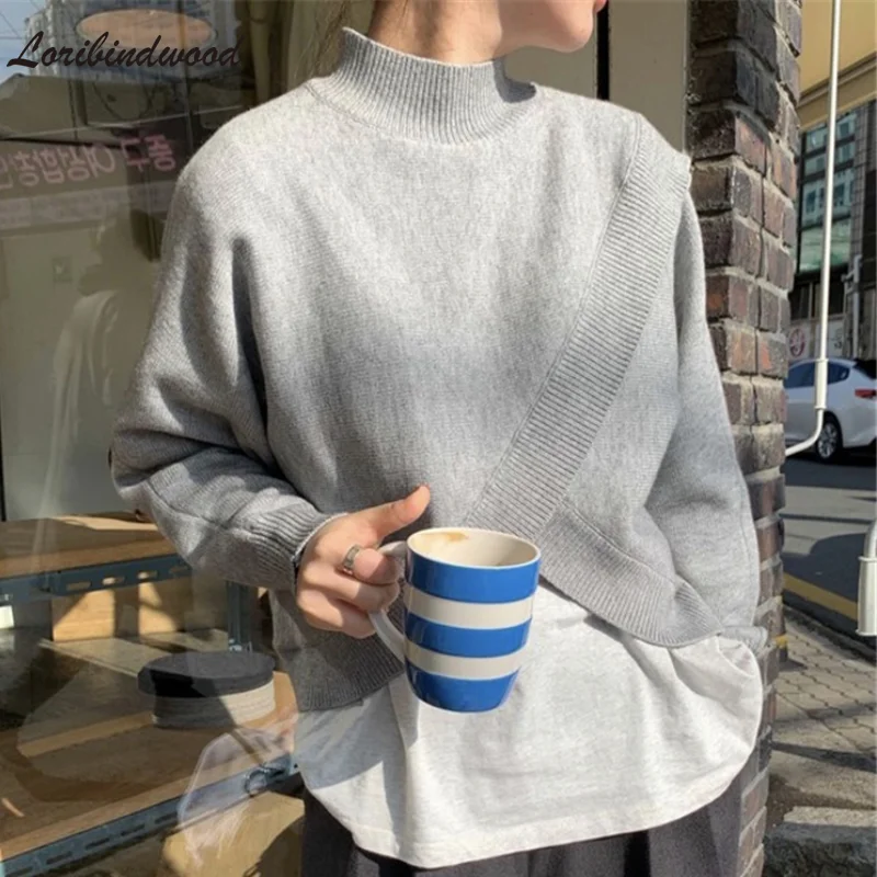 

Loribindwood 2021, универсальный свитер с коротким рукавом и полувысоким воротником в стиле ленивых, с асимметричным поперечным разрезом, свитер с ...