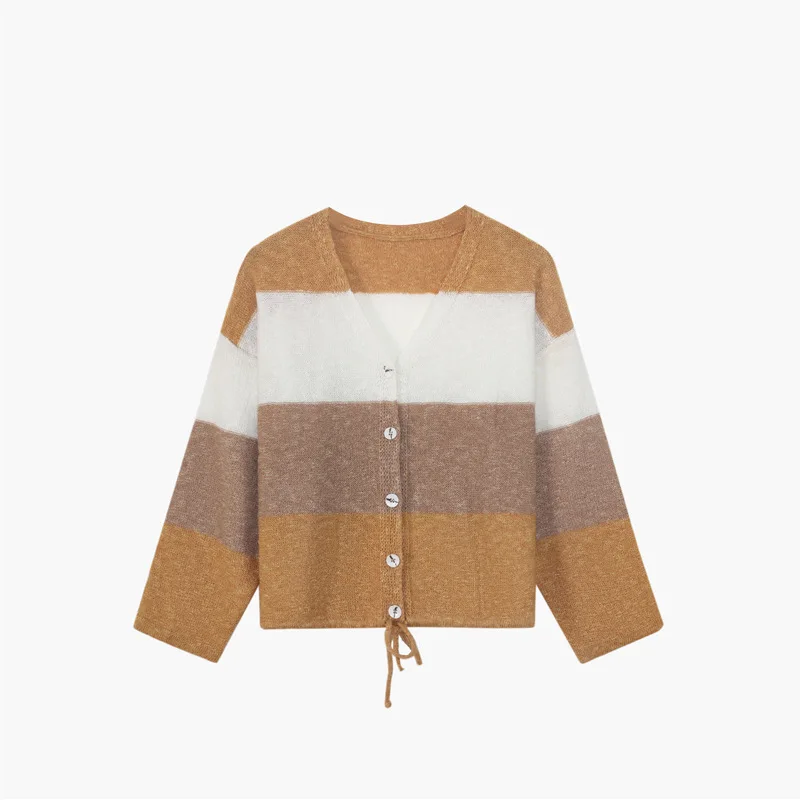 

The new 2021, Chunqiu thin, with a loose, contrasting color, long sleeve top, v Neck, knit cardigan jacket, sweater girl