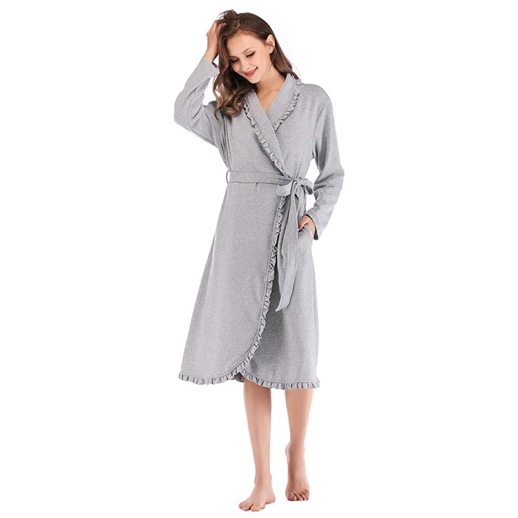 Design Women Sleepwear Elegant Kimono Robe Ladies Winter Autumn Casual Bathrobe Loose Ruffle Soild Bathroom Spa Robes For Women