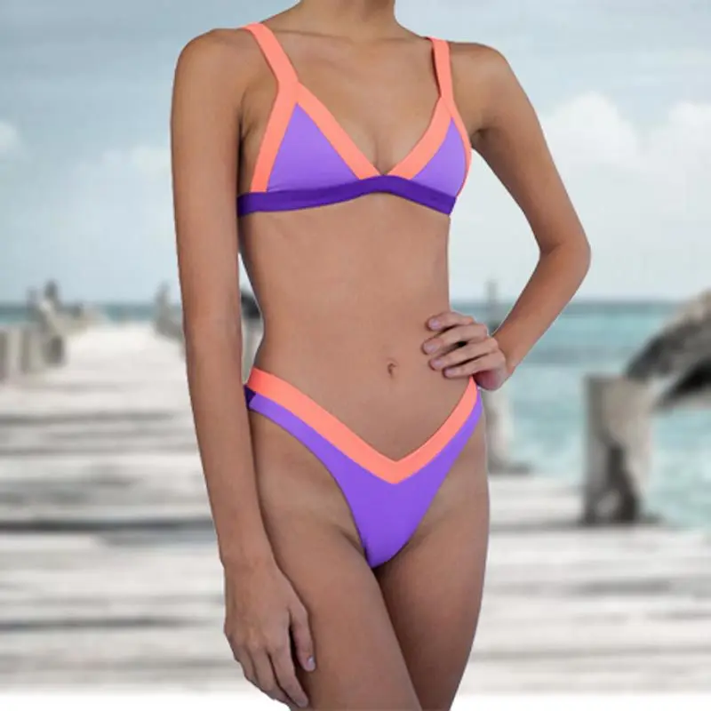 

Sexy Swimsuit Candy Color Triangle Split Color Swimsuit Sexy Beauty Back Slim Stitching Bikini