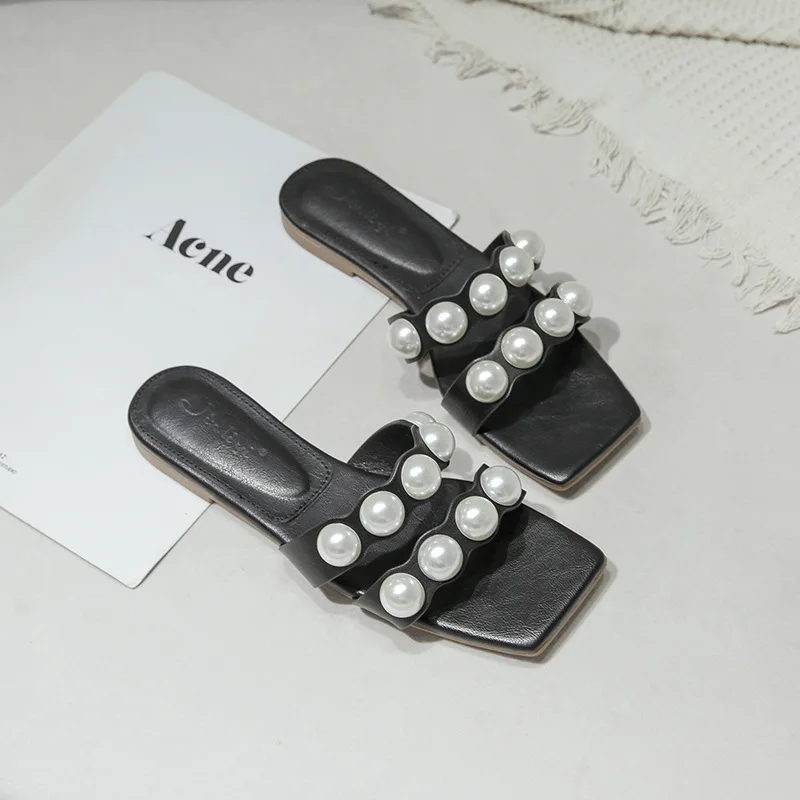 

2020 new fashion casual adult women's shoes Large size outer wear pearl slippers women's vacation beach flat bottom