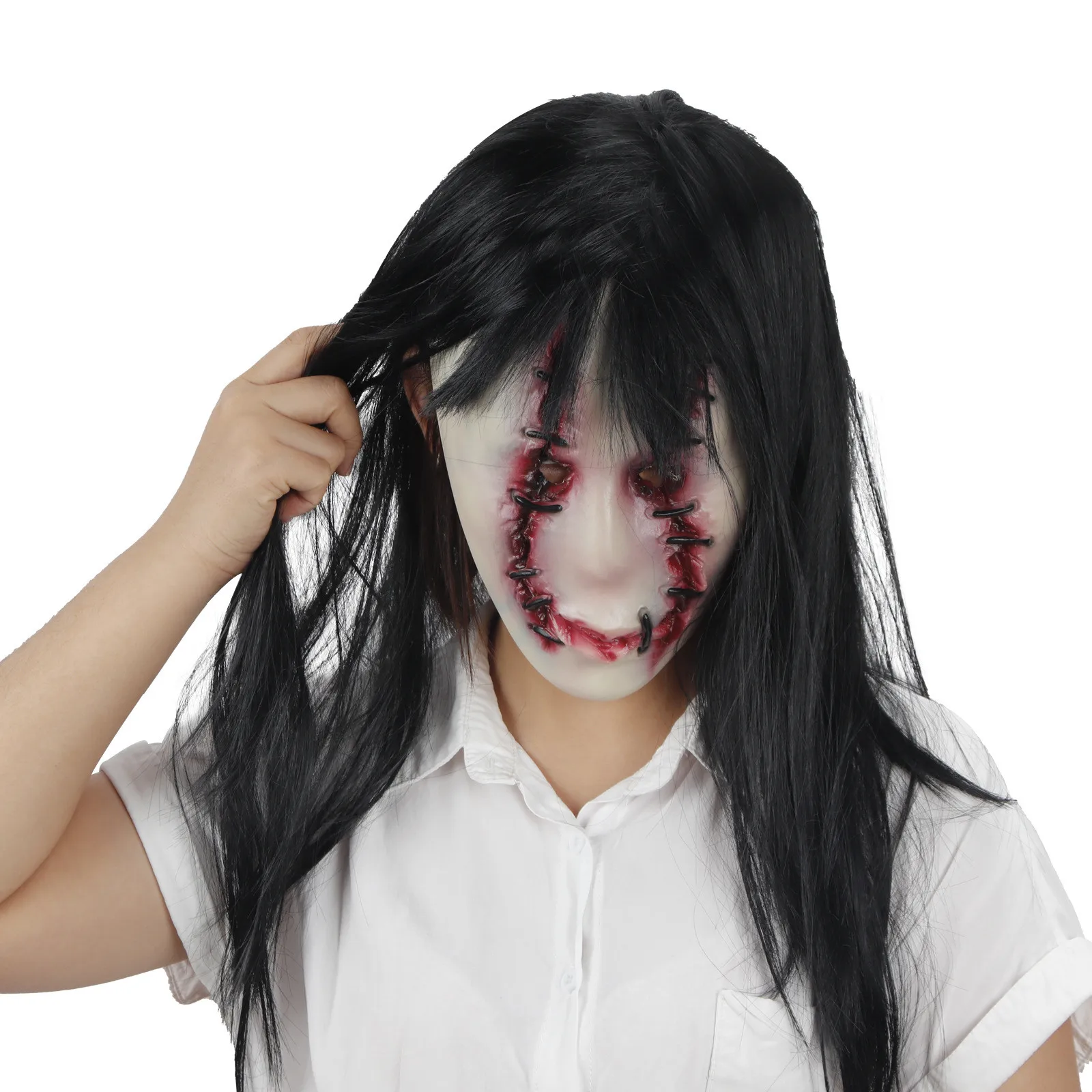 

Haunted House Horror Face Mask Stitch Scar Rift Female Ghost Mask Halloween Face Mask The Evil Cosplay Props Skull Mascarilla