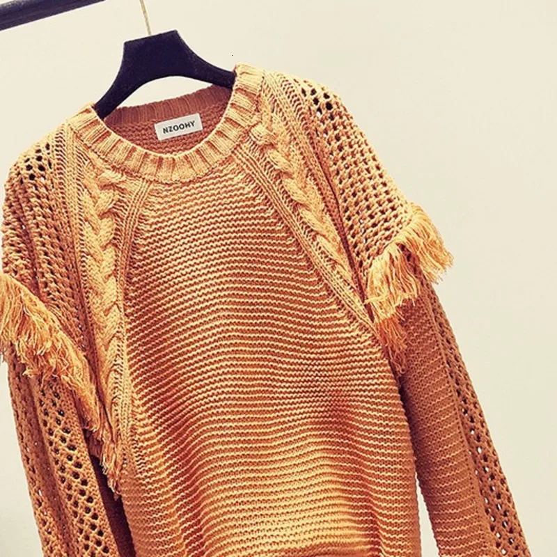 [EWQ] для отдыха Vogue круглый вырез длинный рукав кисточка Женский однотонный