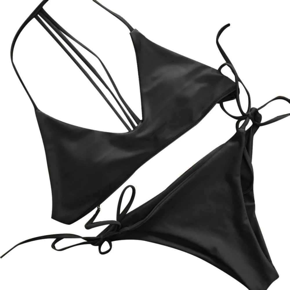

Casual Womens Padded Push-up Bra Tankini Bra Set 2020 Low Waist Female's Thin Bathing Suit Two Pieces Halter Underwear Panties