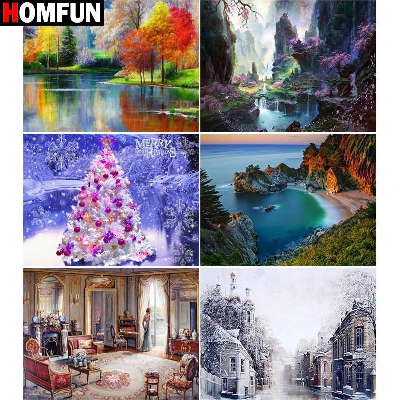 

Алмазная живопись HOMFUN «домики и горное дерево», полное квадратное/Круглое украшение для стен, инкрустированная смолой, вышивка ручной рабо...