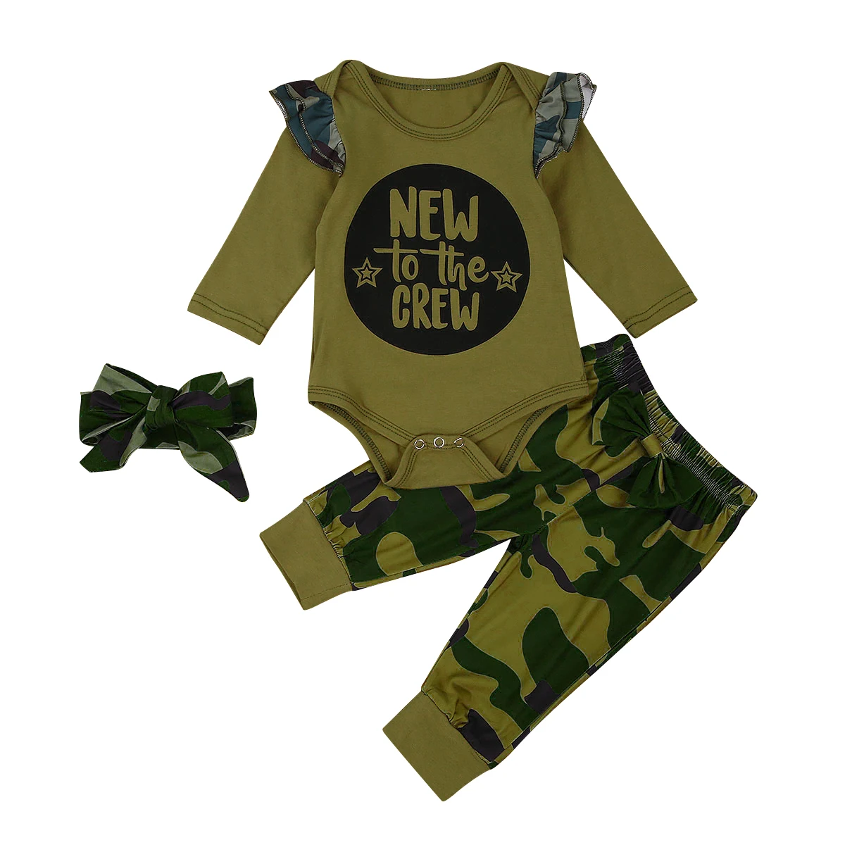 

Baby's Clothing Set Round Neck Long Sleeve Romper and Camouflage Pants and Headwear Three-piece Suit for Toddler Boys Girls