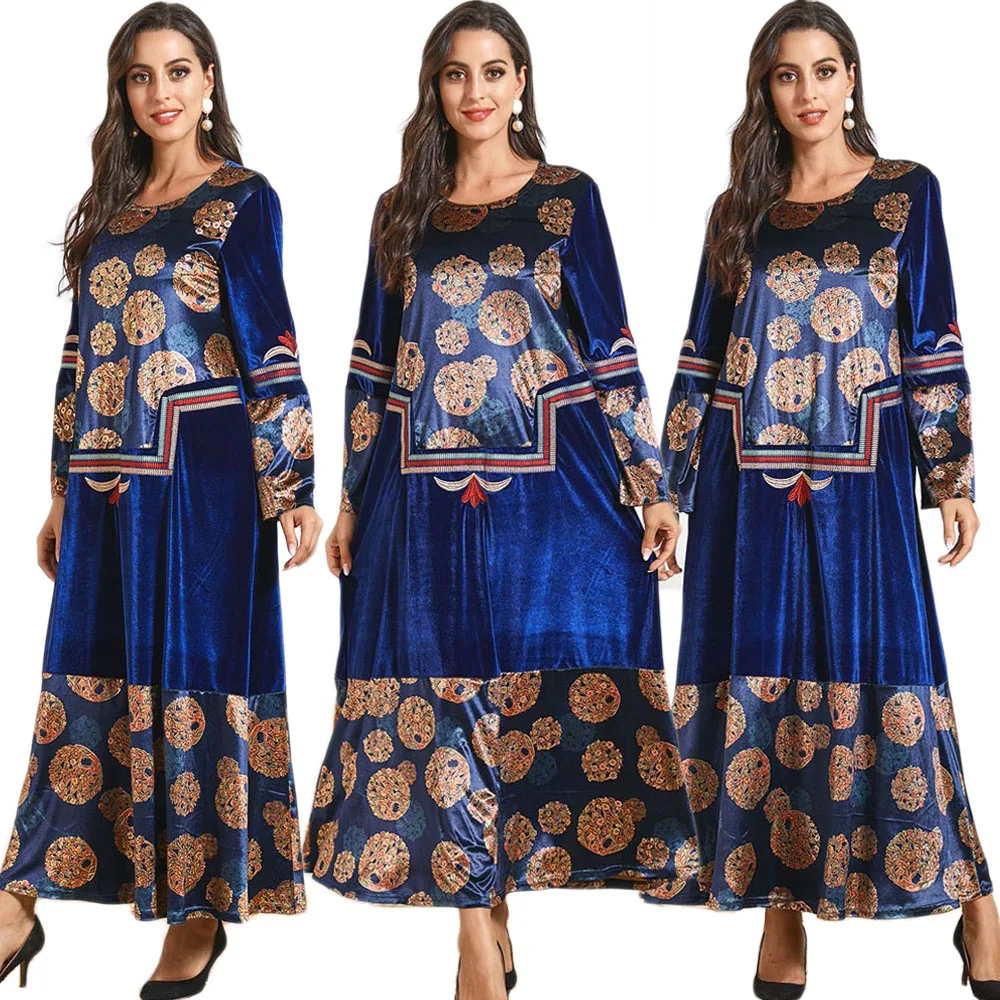 Винтажное длинное платье в этническом стиле с вышивкой, бархатное платье в Дубае, Рамадан, абаи, мусульманский женский длинный рукав, мусуль...
