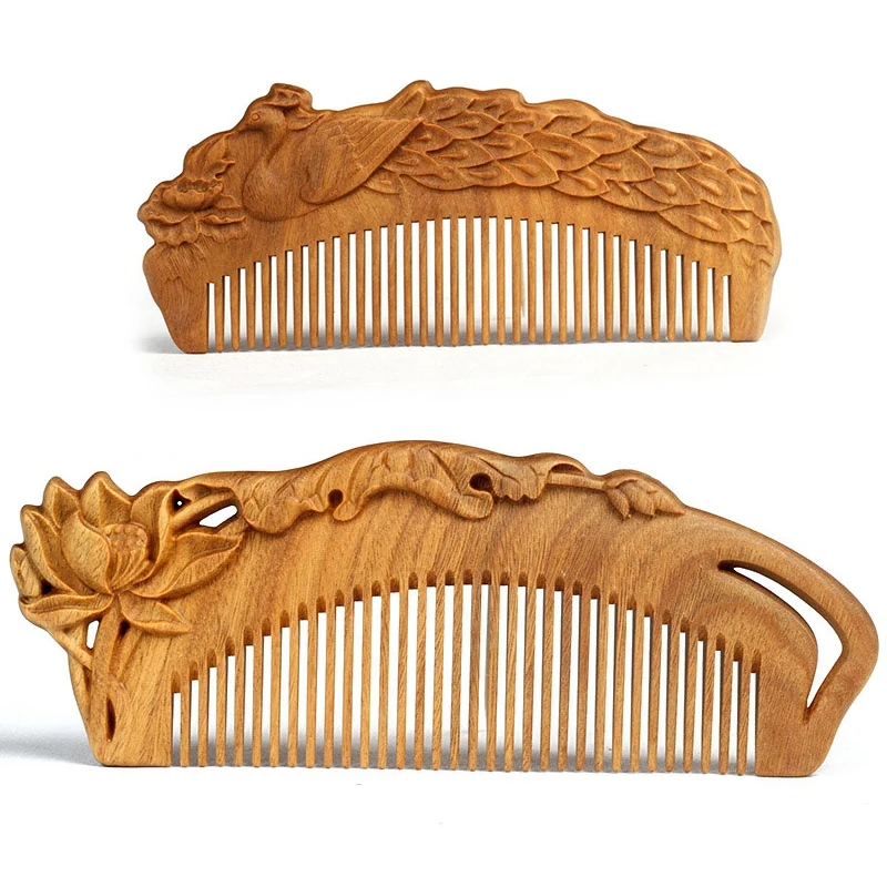 

2 Pcs Hand-Carved Sandalwood Craft Comb Professional Haircut Peacock Massage Comb Hair Brush Styling