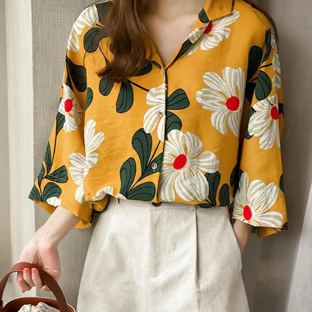 Новинка женская рубашка в стиле ретро с цветочным принтом свободная хлопковая