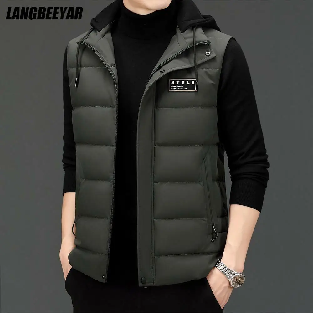 

New Brand Casual Fashion Sleeveless 90% Mens Duck Down Vest Jacket With Hood Windbreaker Puffer Waistcoat Winter Mens Clothes