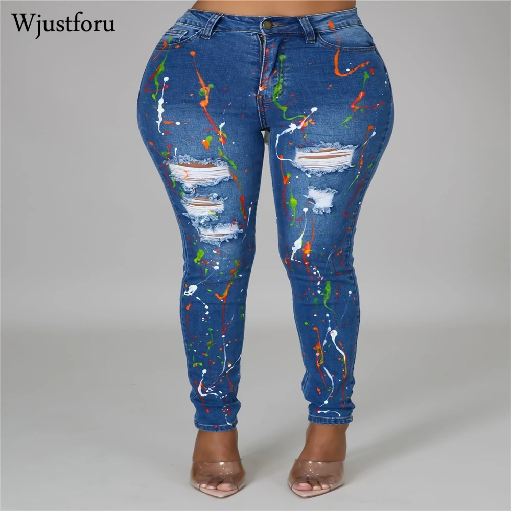 

Wjustforu Ripped Rainbow Print Pencil Jeans Women Bodycon High Waist Denim Pants Summer Sexy Solid Streetwear Casual Trousers