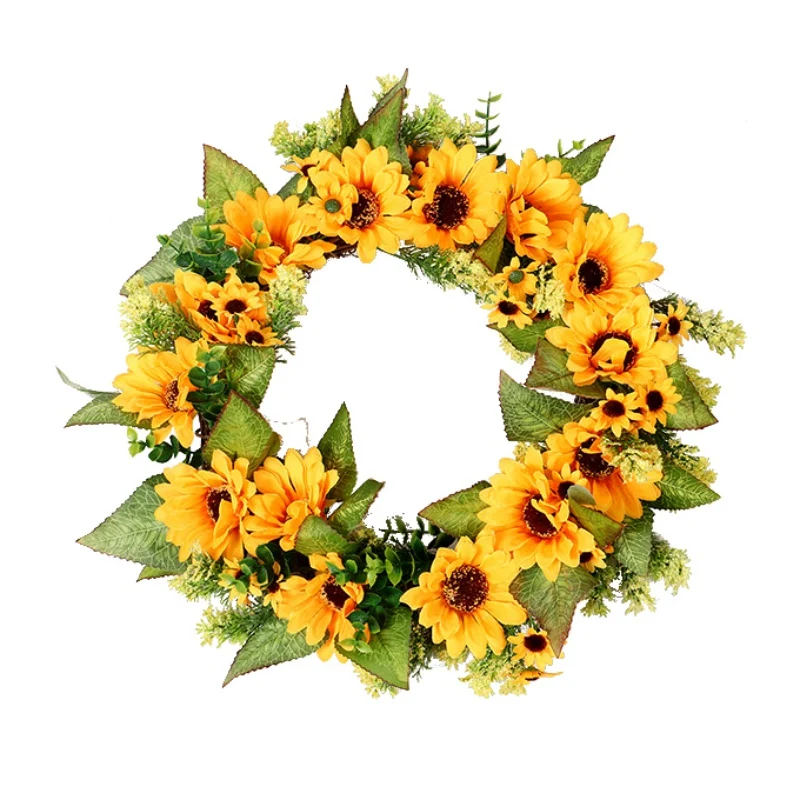 

Warm style Artificial Flower Wreath Garland With Yellow Sunflower And Green Leaves Front Door Window Wedding Decorations 2