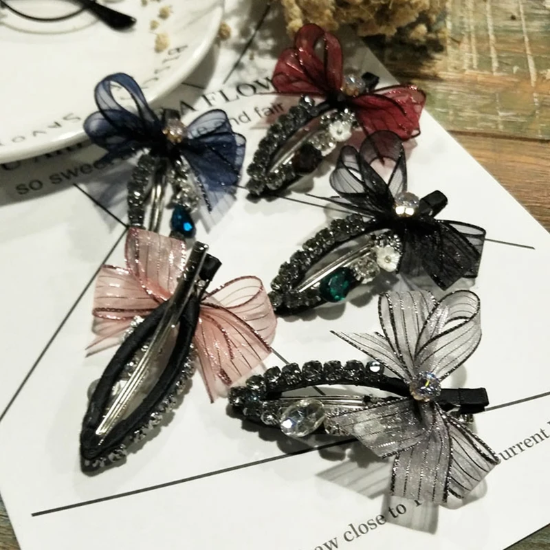 

CN Crystal Rhinestone Duckbill Hair Clips For Girls Kids Retro Yarn Plain Weave Bow Hairpins Hair Side Clips Hair Accessories