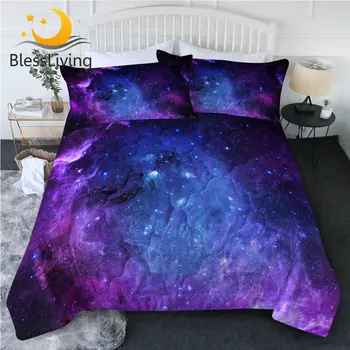 BlessLiving Nebula Summer Quilt Set 3D Galaxy Air-conditioning Comforter Blue Purple Bedding Throw Space Thin Duvet Set 3-Piece 1