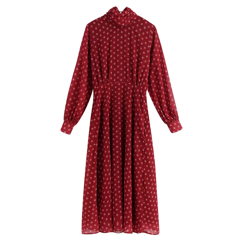 Платье-миди Плиссированное с длинным рукавом и высоким воротником | Женская