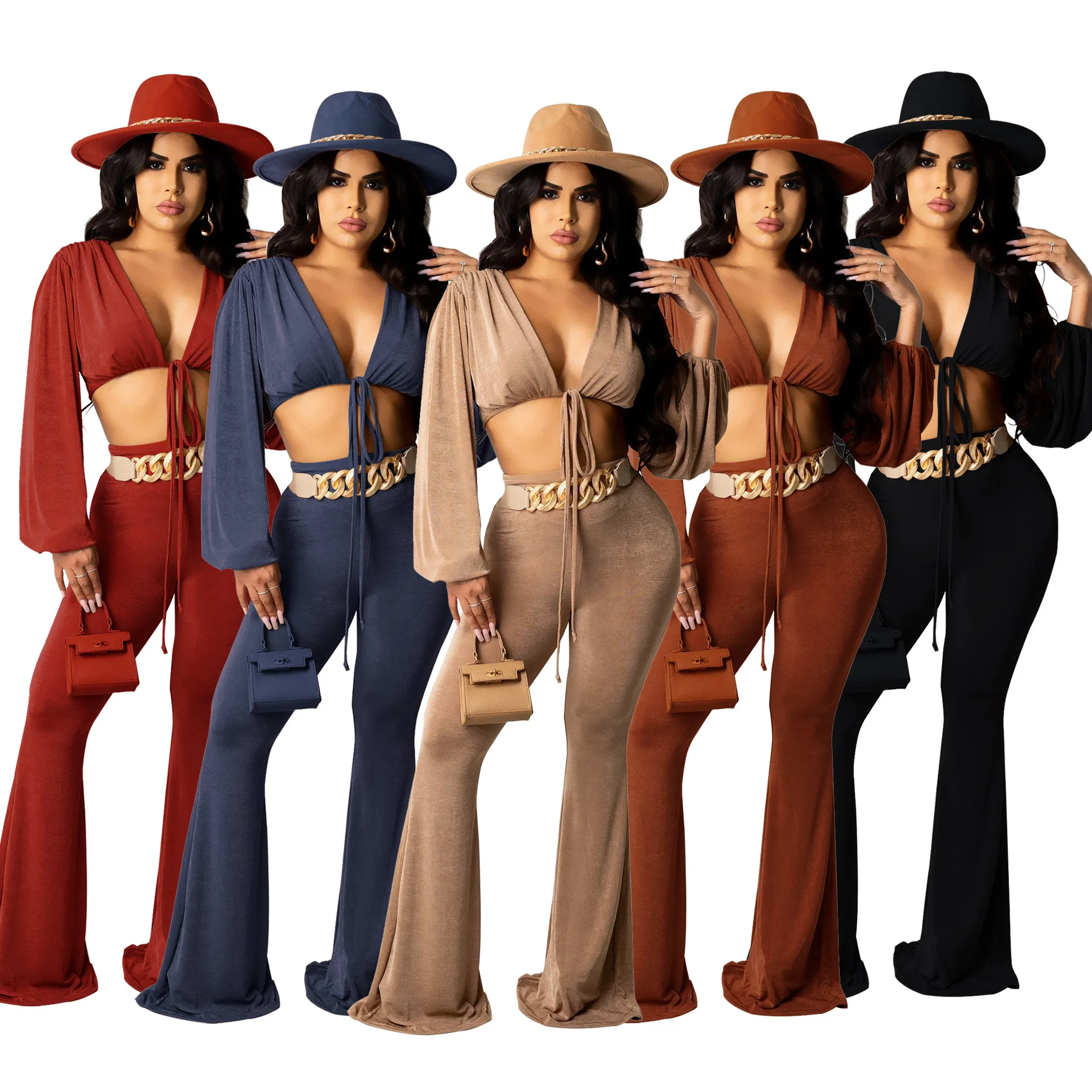 

Sexy Deep V Neck Lace Up Long Sleeve Crop Top Flare Pants Slim Two Piece Set Women Streetwear Matching Office Lady Outfits 2021