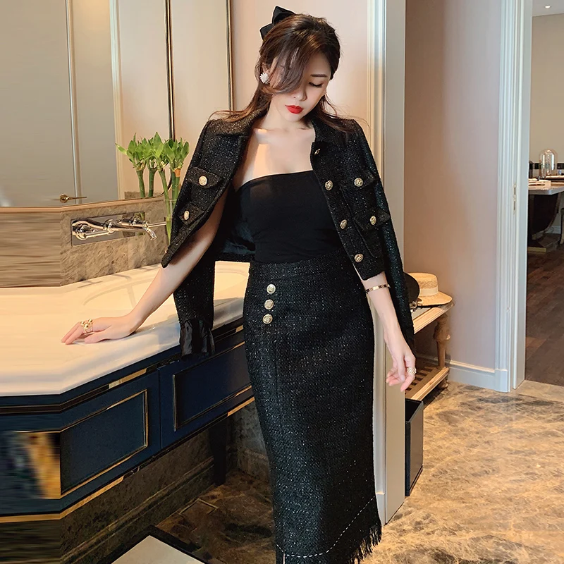 Женский твидовый костюм из двух предметов винтажный шерстяной короткий пиджак с