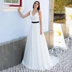 Шифоновое свадебное платье-трапеция без рукавов, с глубоким V-образным вырезом и черным поясом, простые свадебные платья, robe de mariee sirene